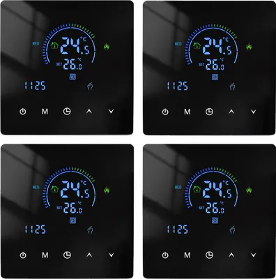 A collage of four digital LCD room thermostats, each displaying temperature and time settings.