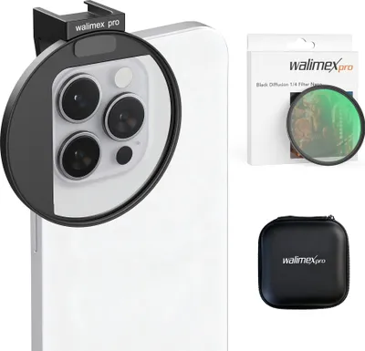 Productafbeelding van Walimex pro filterhouder 67 mm voor smartphonecamera, inclusief diffusiefilter 67 mm, cold shoe bevestiging voor LED-lampen en microfoons, fototoebehoor voor professionele fotografie met smartphone en mobiele telefoon
