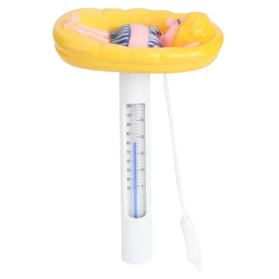 A floating thermometer shaped like a doll in a yellow raft.