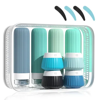 Produktbild von Omgoods – 8-teiliges Set Reisekosmetikflaschen – Silikon-Toilettenetui mit Etiketten