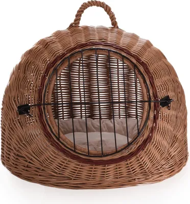 Produktbild von Wiklinowy Świat - Tragebox, Transportbox, Katzentransportbox, Transporttasche für Katze Hund - Weidenkorb für Mittel Kleine Haustiere - mit Metallverschluss - 60x46x50cm - helles cremefarbenes Kissen