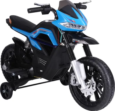 Produktbild von HOMCOM Kindermotorrad Kinder-Elektromotorrad Elektro-Motorrad für Kinder 3-6 Jahren Licht Musik MP3 Elektrofahrzeug mit Stützrädern maximal 3 km/h Metall + Kunststoff Blau 105 x 52,3 x 62,3 cm