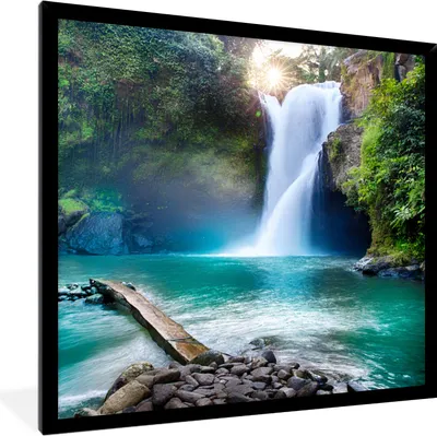 Produktbild von MuchoWow® Gerahmtes Poster Wasserfall - Steine - Landschaft - Pflanzen - Wasser 40x40 cm - Poster mit Schwarzem Bilderrahmen Wandposter Rahmen Foto Bilder - Mit Rahmen - Wanddekoration Schlafzimmer