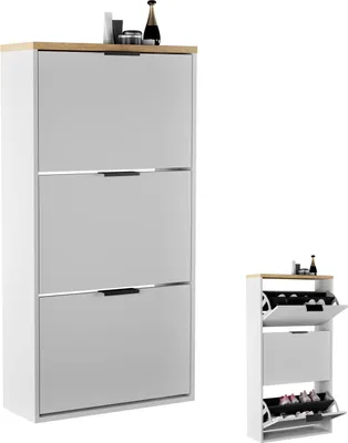 Produktbild von Planetmöbel Schuhschrank schmal 3 Klappe Schuhregal mit 6 Ablagen, weiß grau