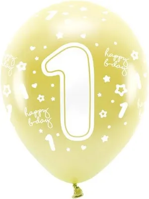 Zdjęcie produktu dla Złote balony ekologiczne 33 cm z cyfrą "1" – idealne na przyjęcia! Opakowanie 6 sztuk, tworzą wyjątkowy klimat każdej imprezy. Świętuj w stylu!