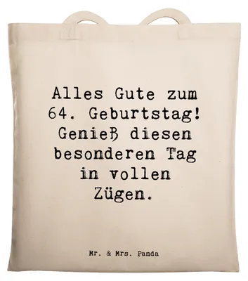 Produktbild von Mr. & Mrs. Panda Tote Bag Spruch 64. Geburtstag - Transparent - Geschenk, Glück, Jubiläum, Einkaufstasche, Jutebeutel, Tasche, Meilenstein, Schultasche, Alter, Shopping