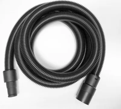 A black, flexible, ribbed hose coiled on a white background.