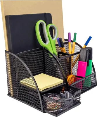 Immagine prodotto di Organizzatore da scrivania Intirilife in rete di ferro nera - 22 x 14 x 13 cm - organizzatore da scrivania con diversi scomparti portapenne scatola per materiale d'ufficio porta appunti portapenne