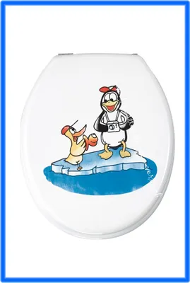 A toilet seat with a cartoon illustration of two penguins on an ice floe.