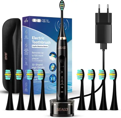 Produktbild von Elektrische Schallzahnbürste mit Ladestation, Reiseetui, 8 Bürstenköpfen, 3 Modi, 3 Intensitäten & Timer für Erwachsene