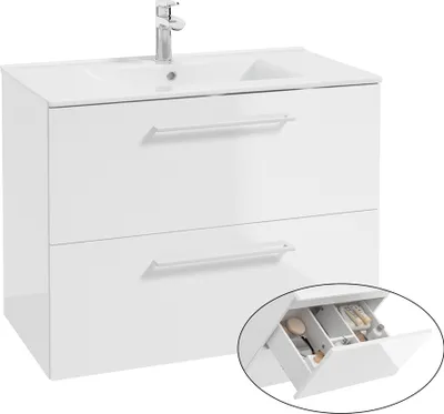 Produktbild von Waschtischunterschrank mit Metallgriffen in weiß, 80 cm breit mit 2 Schubkästen, in weiß Hochglanz lackiert MESSINA-107, B/H/T: ca. 80/60/45 cm