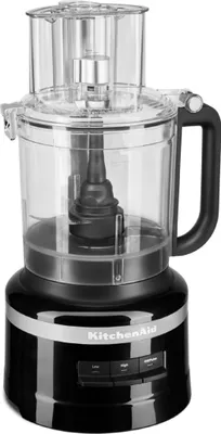 A black KitchenAid food processor is shown against a white background.