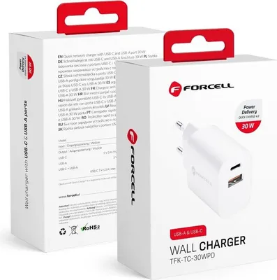 Image de Chargeur secteur Forcell - 3A 30W avec deux connecteurs : USB type C et USB A avec PD et charge QC 4.0