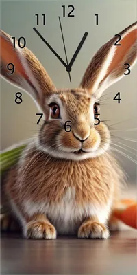 Produktbild von Wallario Design Wanduhr Flauschiger Hase mit Möhren aus Echtglas, Größe 30 x 60 cm