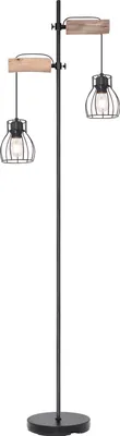 A floor lamp with two lights and wooden accents.