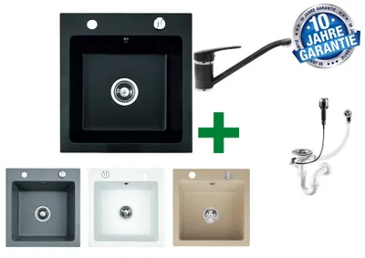 Produktbild von [Granitspüle 48x50 in verschiedenen Farben +Armatur klein] Hochwertig beidseitig Montierbar Küchenspüle Eckig Einbaugranitspüle Granit Spülbecken f. Unterschränke ab 45 cm inkl. Siphon Set, Farben:Grau