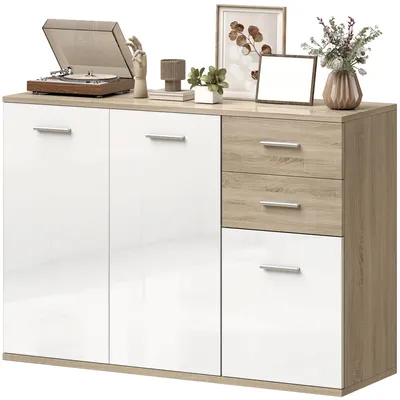Produktbild von Wohnzimmer-Sideboard, Aufbewahrungsm?bel mit 2 Schubladen, 3 Tš¹ren und verstellbarem Einlegeboden, 106 x 35 x 76 cm, wei? und naturfarbenes Holz