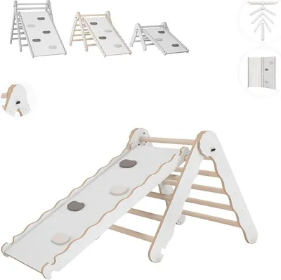 Produktbild von Klettergerüst Indoor, Kletterdreieck mit Rutsche Holz, Kletterturm Rutschbrett, Kletterbogen Rutsche, Regenbogenwippe, Montessori Spielzeug