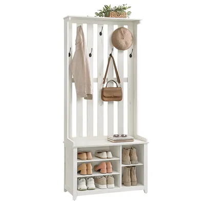 A white wooden hall tree with a coat rack, a shelf, and shoe storage below.