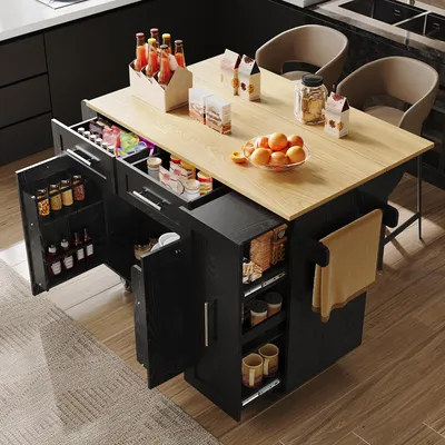 Immagine prodotto di Carrello da cucina con piano pieghevole, isola da cucina con spazio contenitivo, colore nero, realizzata in MDF e metallo, dimensioni 110 cm, con cassetti estraibili e ruote bloccabili
