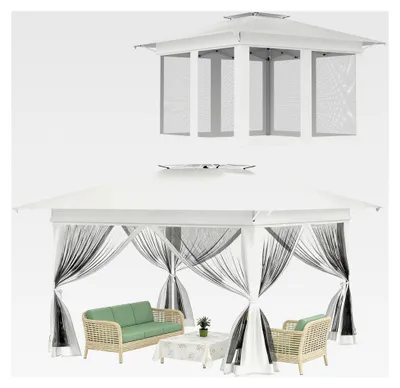 Produktbild von 4x4m Pop-Up Faltpavillon, Ein-Knopf-Installation Partyzelt mit Belüftung, Doppeldach Gartenzelt mit Moskitonetzen, höhenverstellbar, wasserdicht & UV-Schutz, inkl. Tasche - Weiß