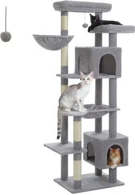Imagen del producto de Ibenzoa® Árbol para gatos de 175 cm – Gran árbol para gatos de varios niveles, ideal para 4-5 gatos grandes, con 7 niveles, hamaca y cesta, 5 postes de sisal de 6 cm de diámetro, y revestimiento de felpa/aglomerado