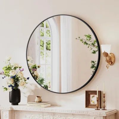 Image de Miroir mural rond, diamètre 70 cm, cadre en aluminium, miroir HD, couleur noire