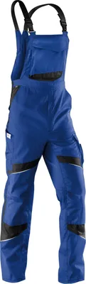 A pair of blue and black work overalls shown against a white background.