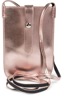 Produktbild von styleBREAKER Damen Handy Umhängetasche in Metallic Optik mit Druckknopf, Schultertasche, Handy-Tragetasche, Mini Bag 02012368
