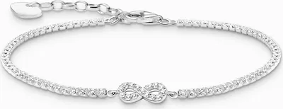 A close-up studio shot of a silver bracelet with an infinity symbol charm, set against a white background.