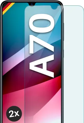 A smartphone screen protector is shown, with the text 'A70' prominently displayed on the screen.