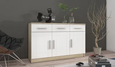 Produktbild von Kommode Sideboard PARIS 3F-3S Wohnwand Wohnzimmer Anbauwand Weiss + Sonoma Eiche