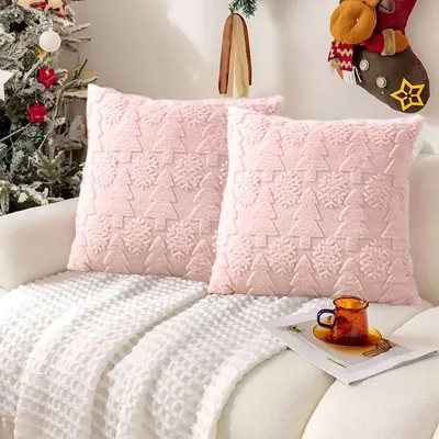 Produktbild von Kissenbezug Weihnachten Set 2 Stück 45x45cm Korallenvlies Schneeflocken Baum Rosa