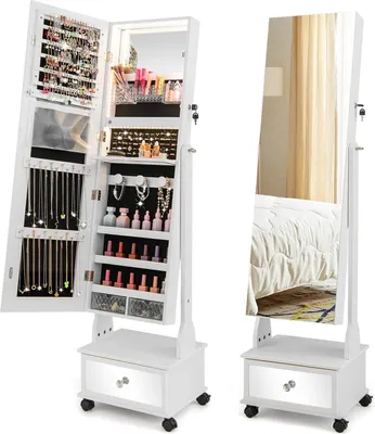 Produktbild von GOPLUS Schmuckschrank mit Spiegel, abschließbarer Spiegelschrank mit LED-Beleuchtung & Schublade, Schmuckaufbewahrung mit Rollen für Schmuck (Weiß)