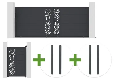 Produktbild von FOLYA 4 m H. 160 cm Schiebetor aus grauem Aluminium + 4 Pfosten + FOLYA 1 m H. 16 cm Fußgängertor