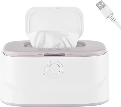 Obrázek produktu pro Ohřívač dětských ubrousků s nabíjením přes USB, 3 nastaveními teploty a 3 úrovněmi jasu, noční světlo, zásobník na ubrousky s horním ohřevem, pružinou a bezpečnostním zámkem, rychle se ohřívající ohřívač plenkových ubrousků, základní výbava pro novorozence