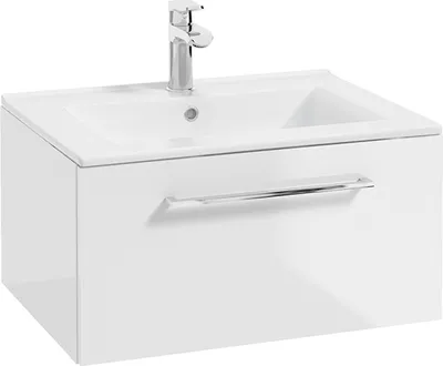 Produktbild von Badezimmer Waschtisch in weiß Hochglanz lackiert mit Metallgriff in chrom und Keramikwaschbecken MESSINA-107, B/H/T ca. 60/32/46 cm