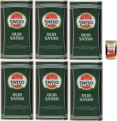 Produktbild von Sasso Olio Extra vergine D'oliva Natives Olive Olivenöl 6x 1 Lt 100% Italienisch, Extra virgin oil + Italian Gourmet polpa 400g