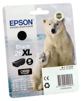 Produktbild von Epson Singlepack Black 26XL Claria Premium Ink, High (L) Yield, Schwarz, Tinte auf Pigmentbasis, 12,2 ml, 1 Stück(e), 500 Seiten