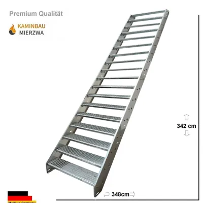 Produktbild von Premium Wangentreppe Stahltreppe Gitterroststufen 18 Stufen Verzinkt Treppe Breite 100cm Geschosshöhe 342cm / Aussentreppe Metalltreppe