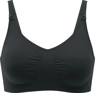 A black nursing bra is shown against a white background.