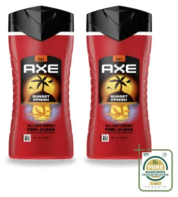 Obrázek produktu pro 2 kusy sprchového gelu Axe 3 v 1 Sunset Fresh s vůní manga a mandarinky - 250 ml - balení