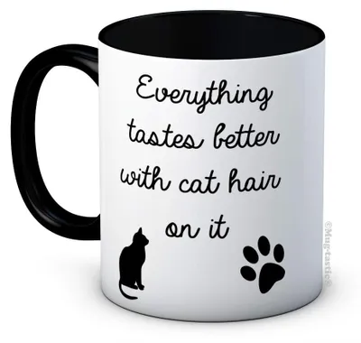 Lustiger Keramik-Kaffeebecher 312 ml, Katzenhaar-Spruch, schwarz-weiß