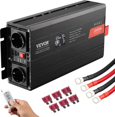 Imagen del producto de Convertidor de voltaje de 2000W, de corriente continua (DC) 12V a corriente alterna (AC) 230V, con salida de onda sinusoidal pura, equipado con 2 enchufes AC, 2 puertos USB, 1 puerto tipo C, pantalla LCD y control remoto, ideal para electrodomésticos de tamaño mediano