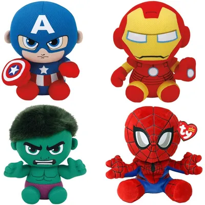 Immagine prodotto di La gamma di supereroi Ty Marvel include 4 personaggi: Spider-Man, Iron Man, Hulk e Captain America. Colleziona tutti i tuoi eroi preferiti in versione morbida, altezza 20 cm
