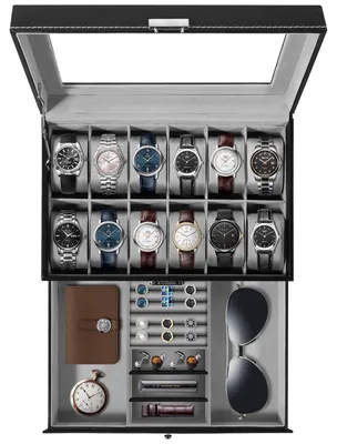 Immagine prodotto di Scatola per orologi - Scatola portaoggetti per uomo - 12 orologi - Nero - Per orologi e gioielli