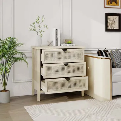 Image de Commodes AIORBER, trois tiroirs, cannage en rotin alvéolé, design aéré, anti-basculement, pour salon, chambre, 80x40x80cm, naturel