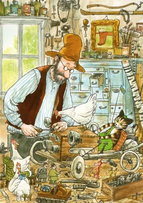 An illustration of a workshop scene with a man, a cat, and chickens.