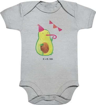 Produktbild von Mr. & Mrs. Panda Strampler Baby Avocado Party Zeit 12. - 18. Monat - Heather Grey - Geschenk, babyanzug, body baumwolle, Babybody, Geburtstag, Happy Birthday, Feier