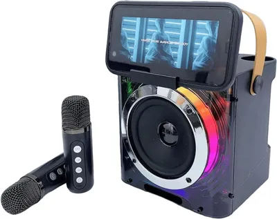 Obrázok produktu pre Karaoke zariadenie – Prenosný reproduktor – Zábavná hudba – S 2 mikrofónmi – 14 x 15 x 15 cm – Čierna farba